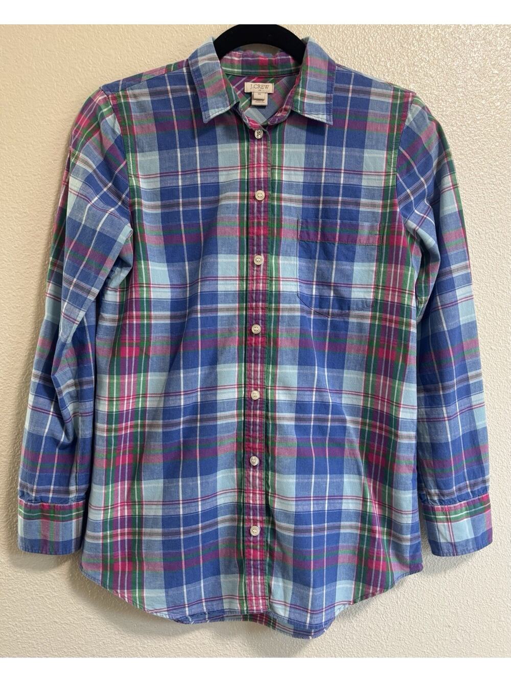 J.Crew Button Up Shirt Classic Madras Plaid Flannel Preppy Casual Womens Size XS